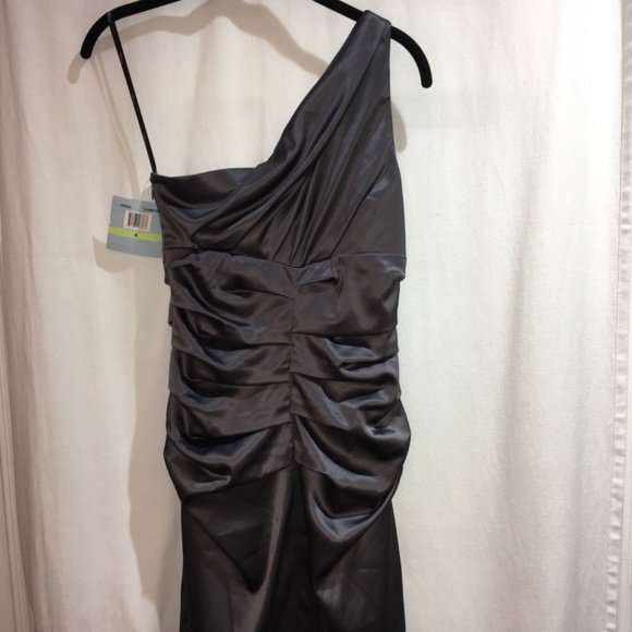 SUZI CHIN one shoulder ruched dress Sz 4 gray satin New - Picture 5 of 7
